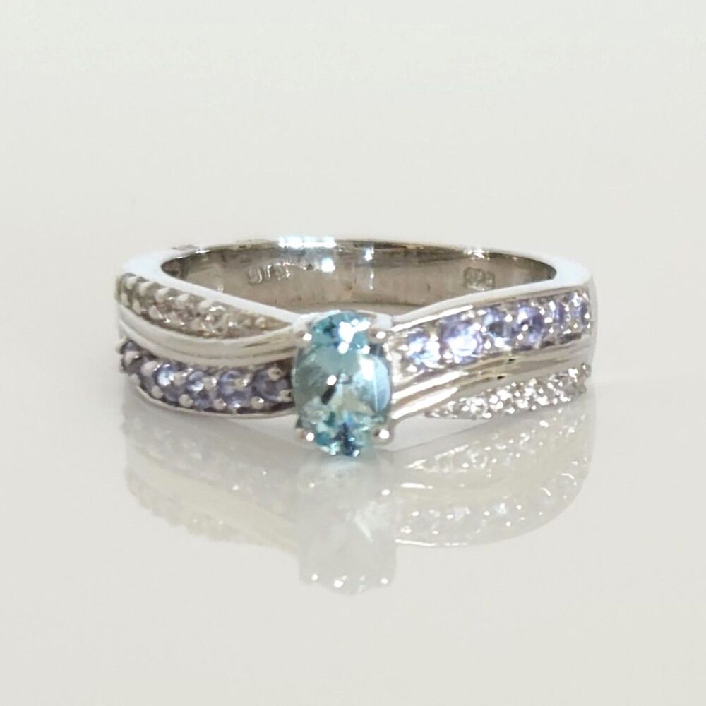Aquamarine Espirito Santo and Tanzanite and White Zircon Ring 6